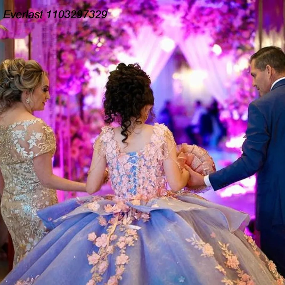 EVLAST مخصص الأزرق الديكور المتدرج الكرة ثوب Quinceanera فستان ثلاثية الأبعاد الزهور زين الحلو 16 Vestidos De 15 Anos TQD840