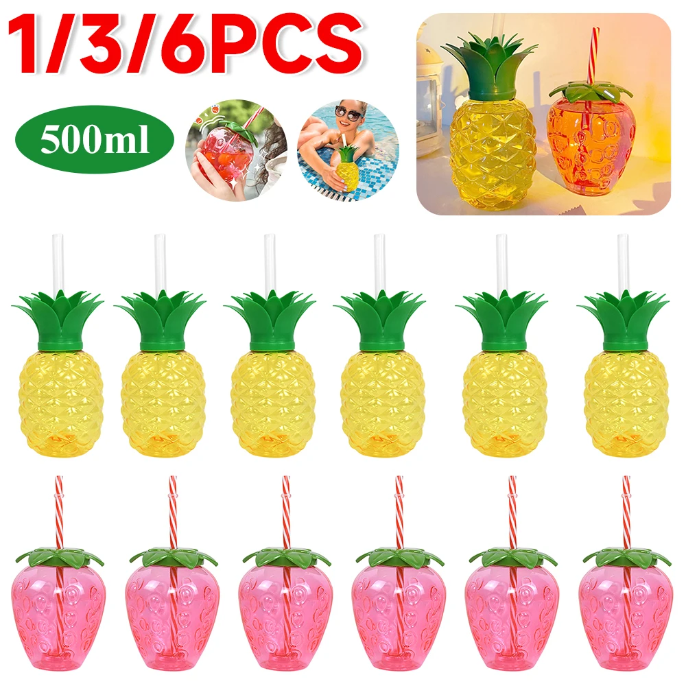 1/6PCS 500ML Pineapple Straw Water Cup Strawberry Drinking Cup Hawaiian Summer Juice Cups Tropical Beach Pool Party Decorations