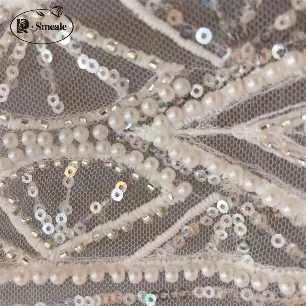 Handmade Pearl Tube Sewing Fabric, Pearl Sequins Lace, Diamond Pattern, DIY Dress, Wedding Dress, Lace Accessories, RS4265