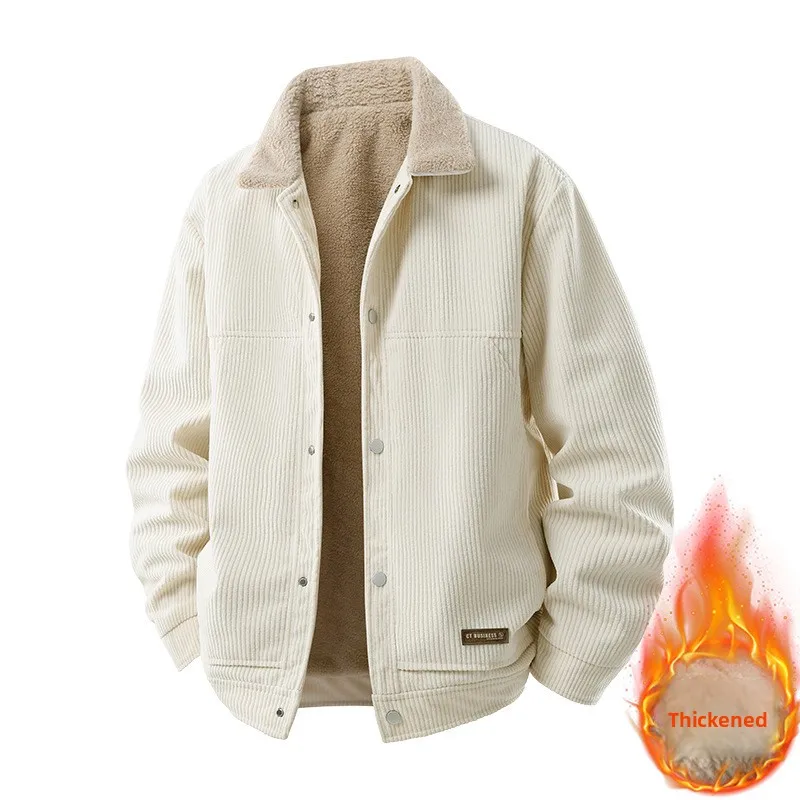 Fleece Corduroy Lapel Coat Men Korean Fashion Plus Velvet Lamb Fur Casual Jacket 2025 Autumn Winter Men's Thick Business Jackets