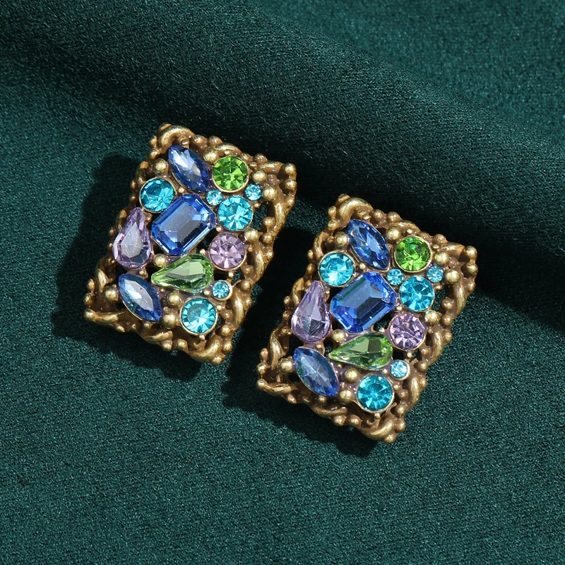 

Vintage Rectangle Bright Blue Crystal Stud Earrings For Women Antique Gold Color Jewelry Luxury Elegant Style Girlfriend Gift