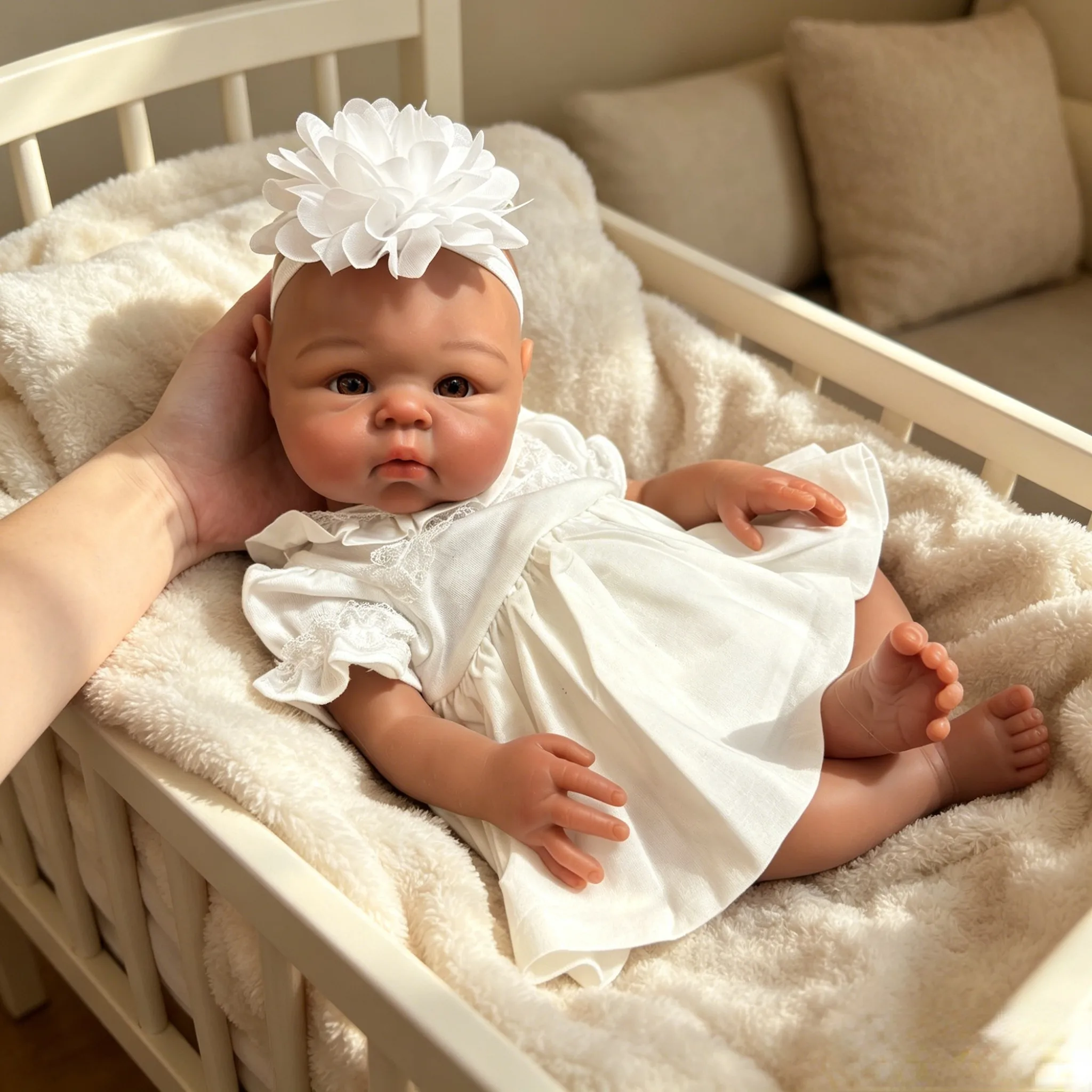 

18 Inch Dark Skin Bald Reborn Baby Doll, Full Soft Silicone Lifelike Handmade Realistic Newborn Toy