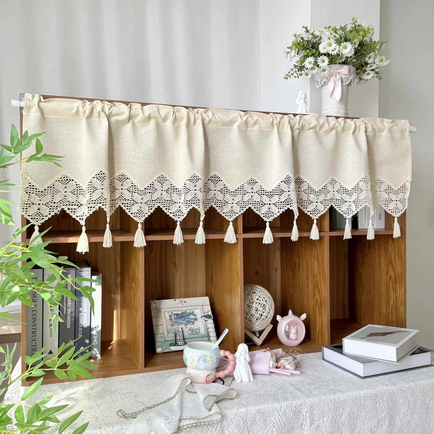 Boho Beige With Faux Flax Wave Design Tassel Kitchen Valance Curtain For Windows,Rustic Farmhouse Small Window For Kitchen Decor