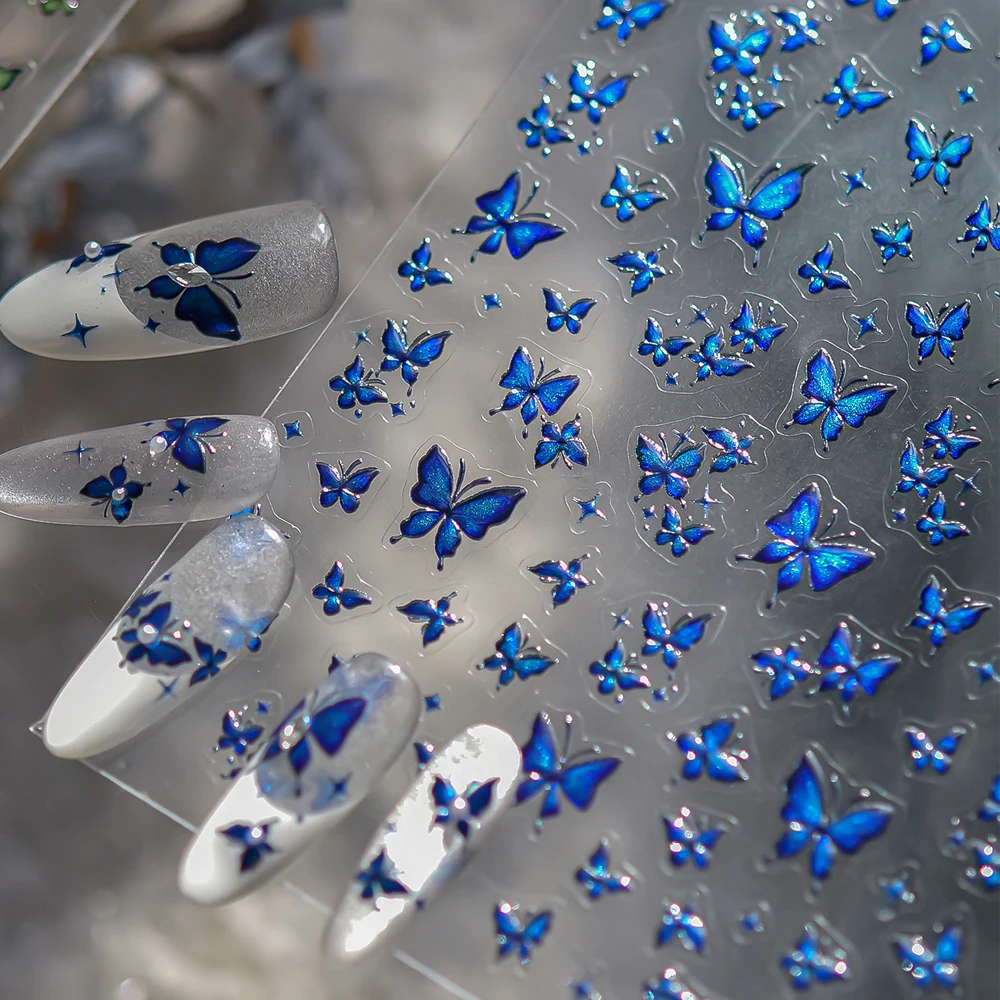 

Blue Metallic Shiny Butterfly Nail Art Stickers Glamorous Insect Animal Charming Self Adhesive Decoration 5D Nail Manicure Decal