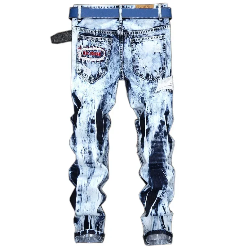ผู้ชาย2025ใหม่ปักฉีกกางเกงยีนส์Slim Fitแฟชั่นHigh Streetรถจักรยานยนต์Denimกางเกงเสื้อผ้าผู้ชาย