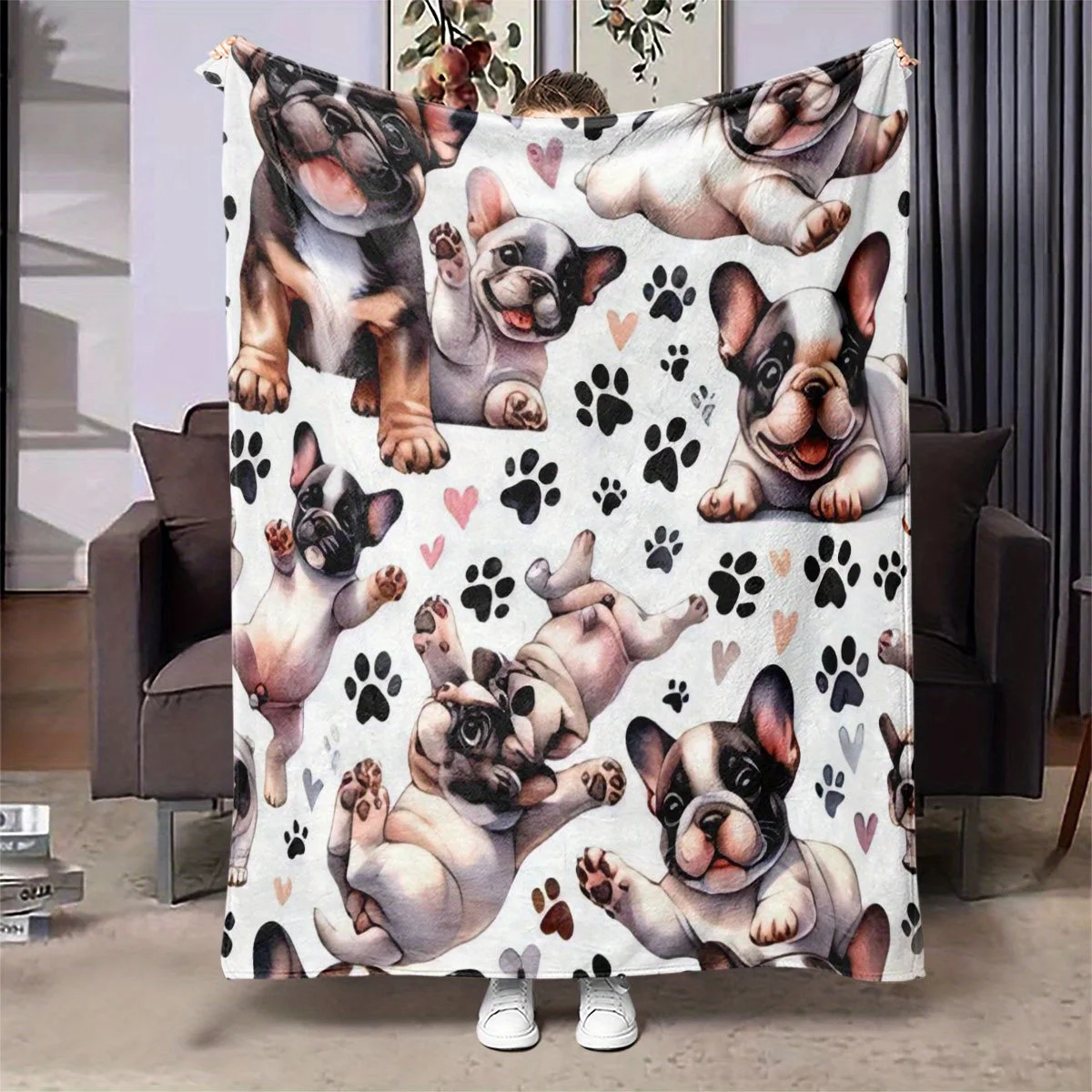 Adorable French Bulldog Blanket Playful Puppy Pattern with Hearts and Paws Soft Cozy Plush Throw Blanket for Kids Adults Bedroom