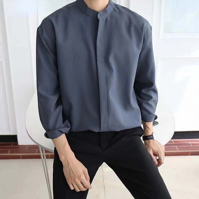 2023 New Silk Senior Sexy Dark Blue Shirt for Men Solid Color Long Sleeve Stand-up Collar Loose Business Casual Iron-free Shirt