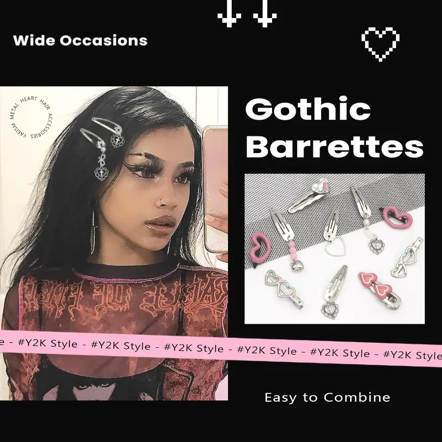 10 قطعة مقاطع الشعر القلب Y2K مقاطع الشعر الفضية المعادن استرخى القلب القوطية المشابك 8 الأشكال الصليب الشرير إكسسوارات الشعر للنساء