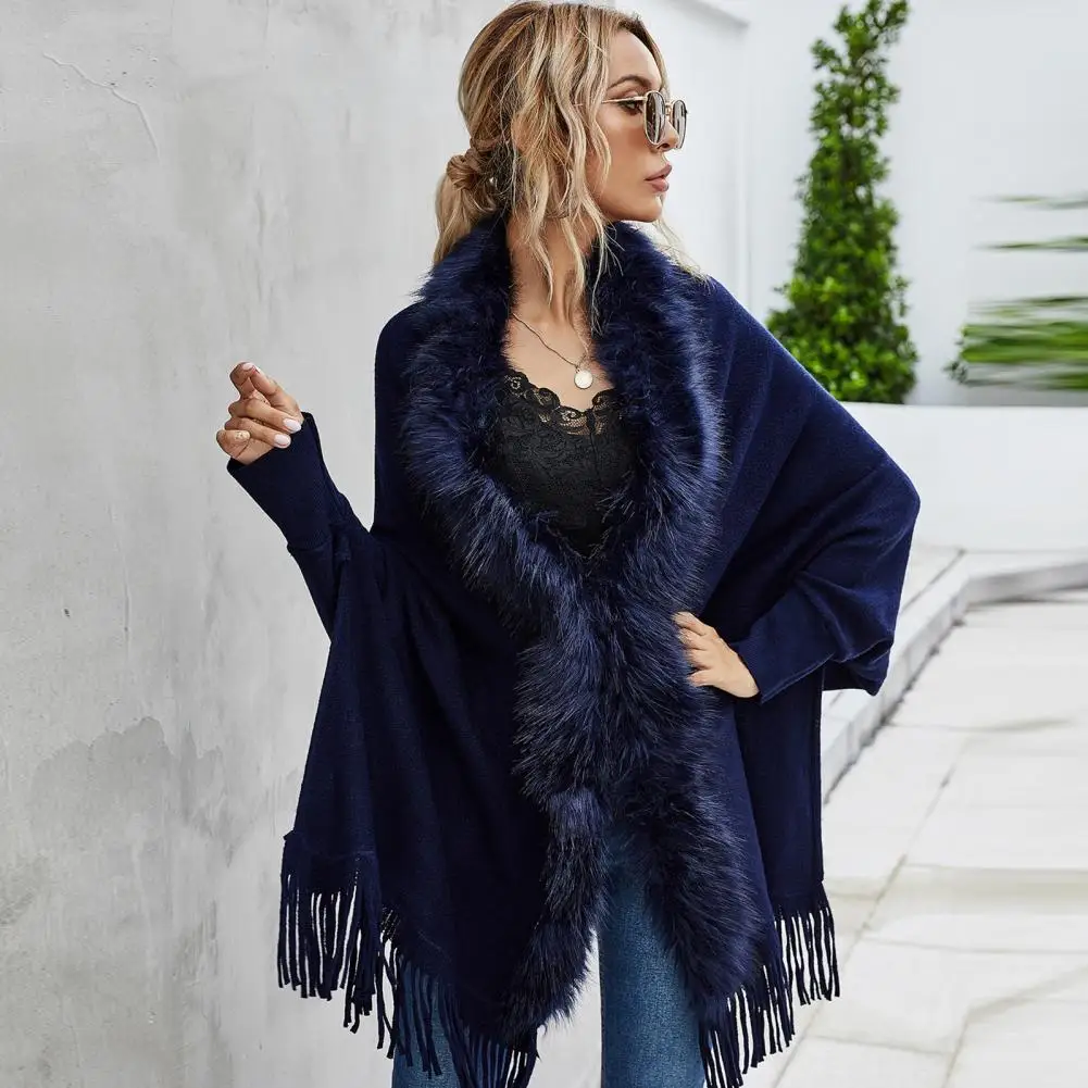 

Batwing Long Sleeve Open Stitch Loose Fit Shawl Cardigan Fall Winter Artificial Fur Collar Tassel Hem Women Knitting Poncho