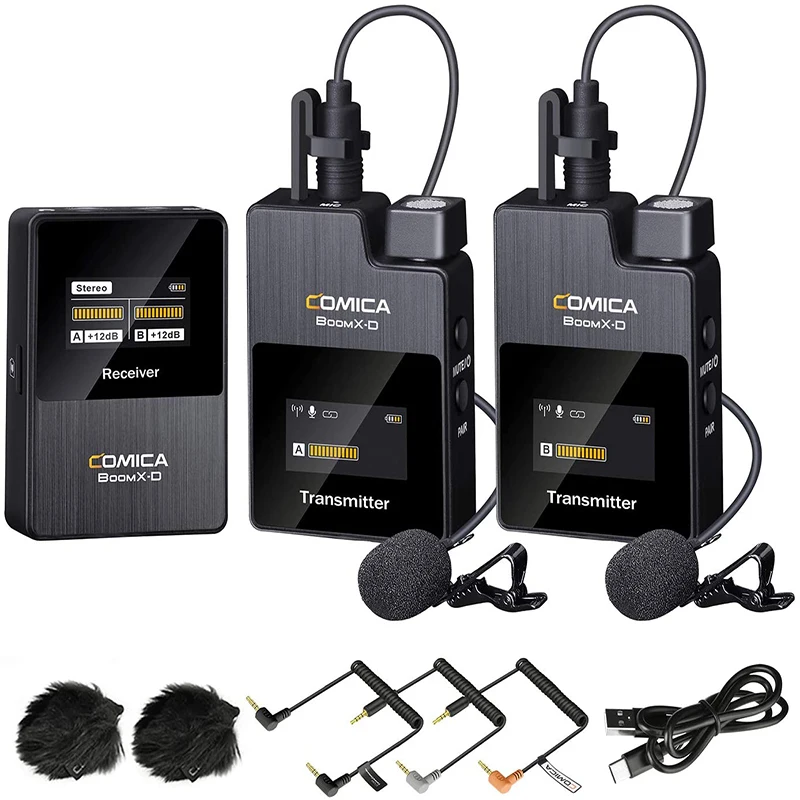 Comica BoomX D2 2.4G Compact Wireless Microphone System with 2 Transmitter and 1 Receiver Lav Mic for Smartphone/Camera/Podcast