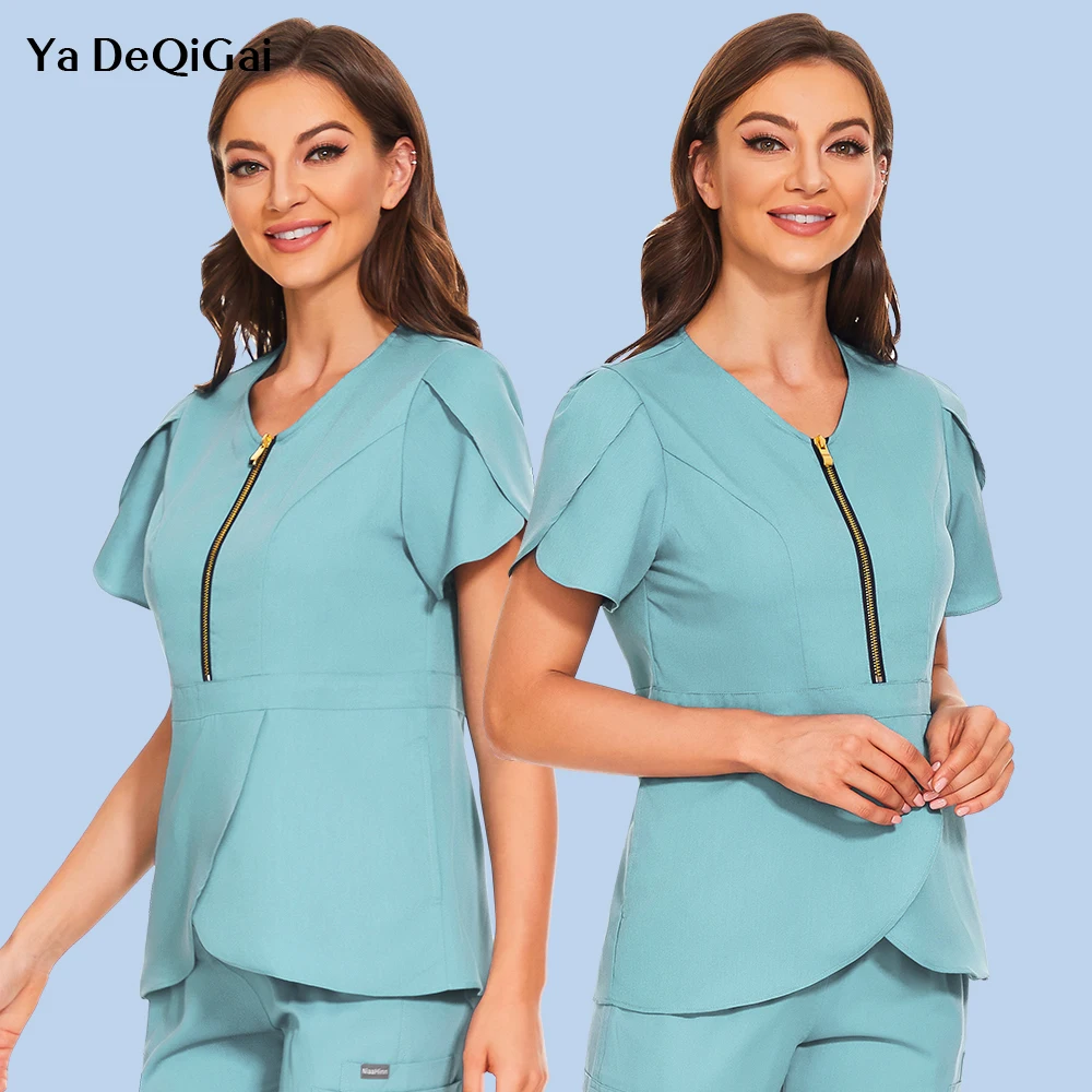 Oversized Scrubs Tops For Women Spa Dentist Clinical Scrub Uniform Solid Color Short Sleeve V-neck Blouse Pet Shop Nurse Costume