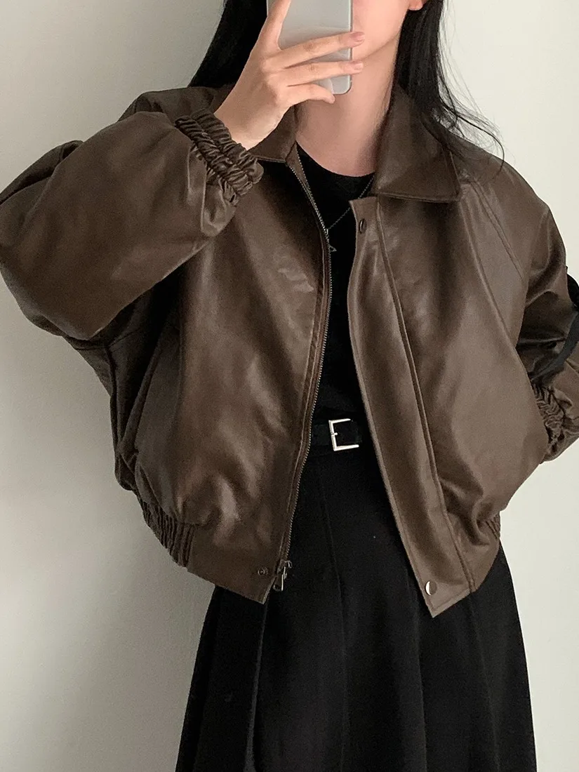 Chic Autunno Inverno Fce Foderato Colletto con cerniera Lungo Sve Allentato Versatile Cappotto Jaet in pelle da donna Ne Polyest...