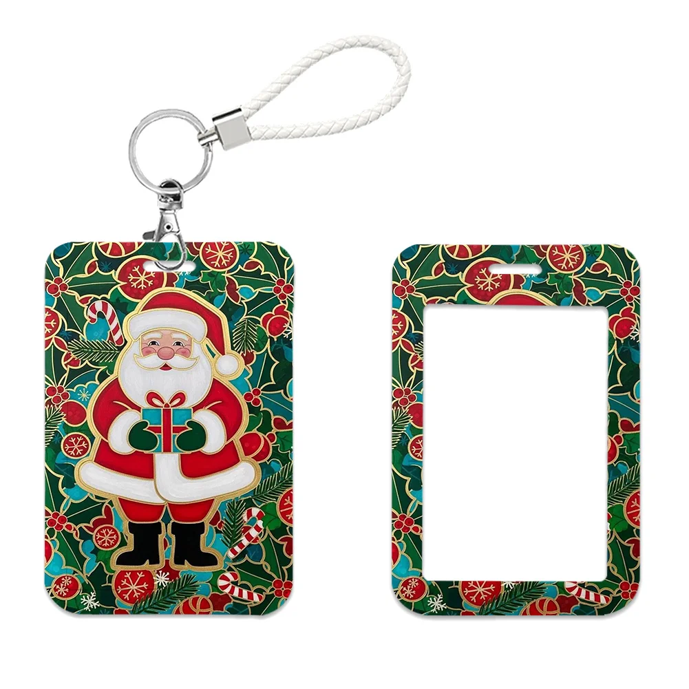 Christmas Green Santa Snowman Work Card Holder Work Permit Name Badge with Keychains Student Id Card Lanyard Holder Accessories