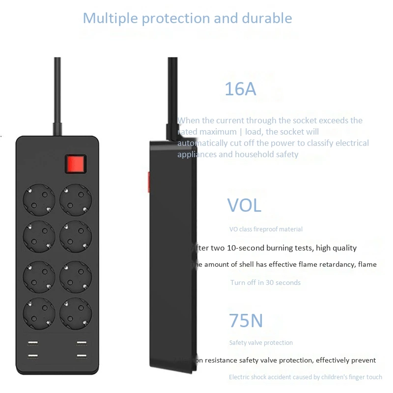 Power Strip Electrical Socket 4 USB Charger Adapter 8 Outlet Surge Protection Switch Home Outlet EU Plug