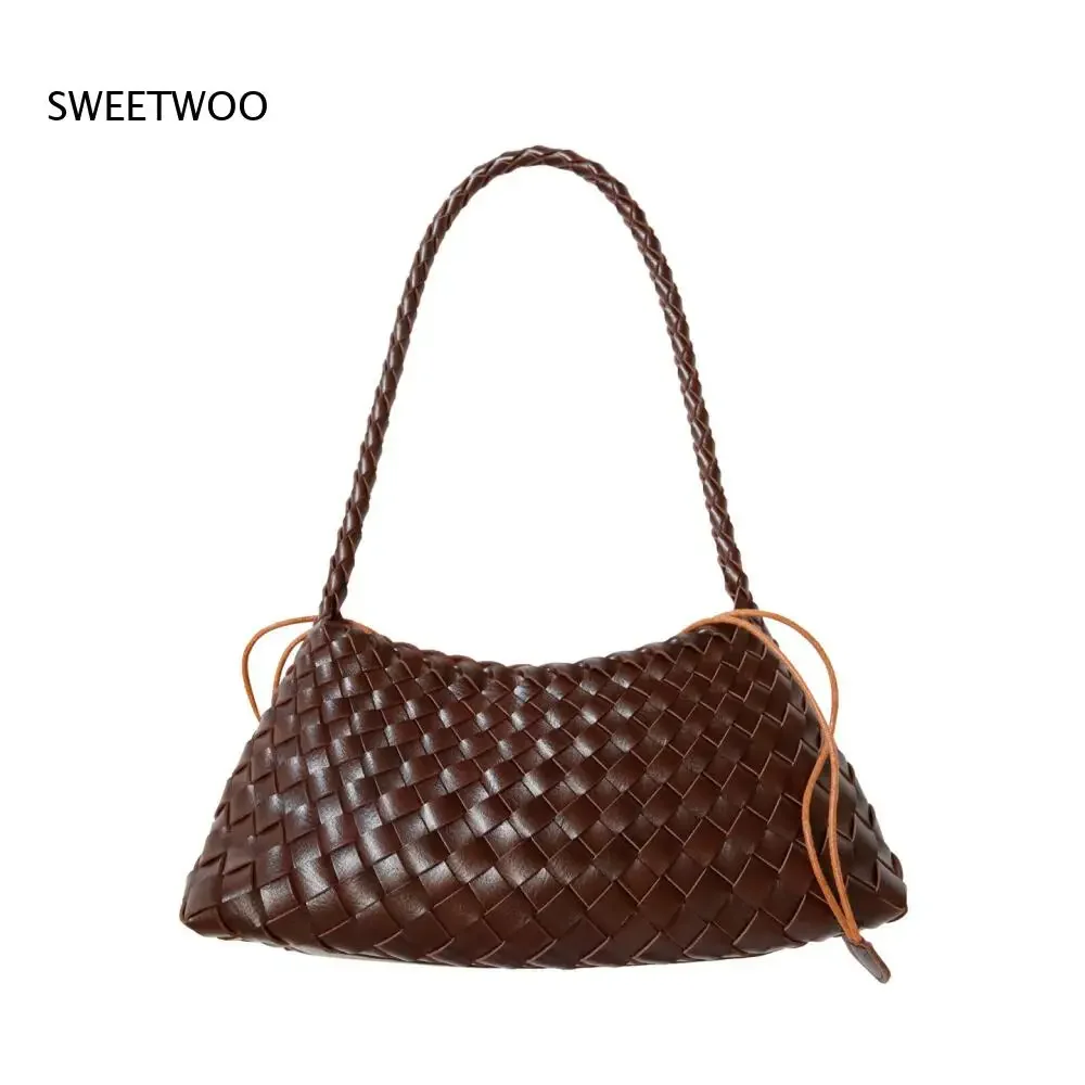 Women's Woven Shoulder Bag Soft Leather Tote Bag with Drawstring Inner Bag 2-In-1 Bucket Bag Daily Commute Handbag