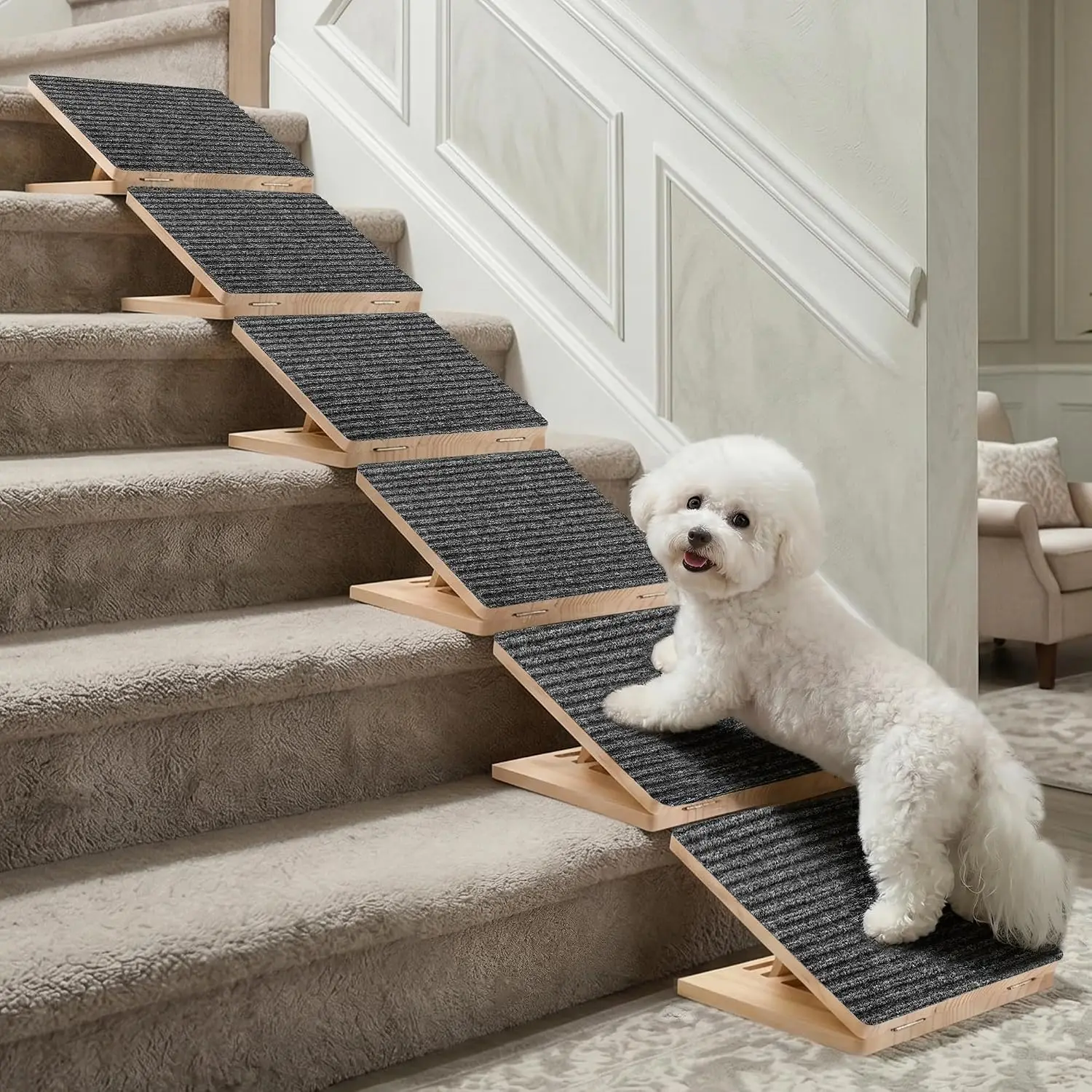 Dog Ramp for Stairs 6 Pack - Adjustable Wooden Stair Wedges for Small Dogs, Foldable Indoor Dog Stair Ramp with Triangular Suppo