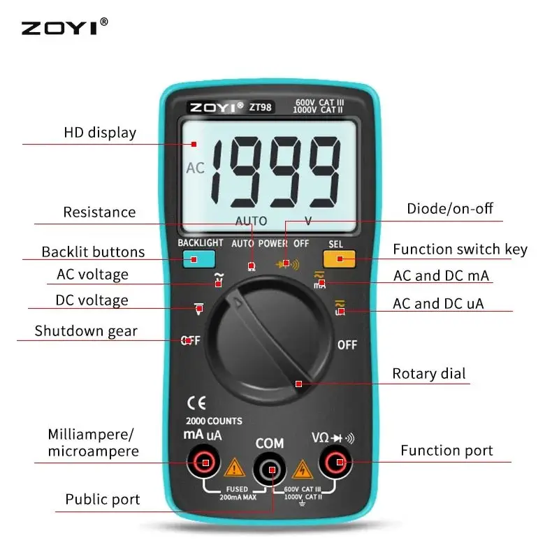 ZOYI Digital Multimeter ZT-98 Auto Range AC and DC Voltage Current Resistance On-off Buzzer Backlit Electrical Instrument Tester