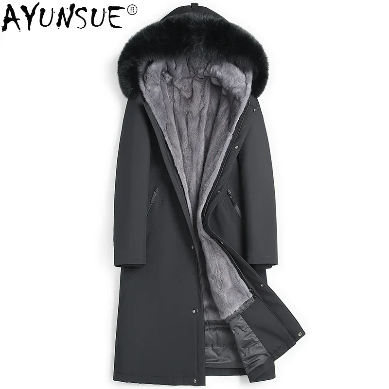 AYUNSUE High-end Real Fur Parka Men's Winter Jackets Detachable Mink Fur Liner Fur Coat Men Hooded Fox Fur Collar Long Parkas