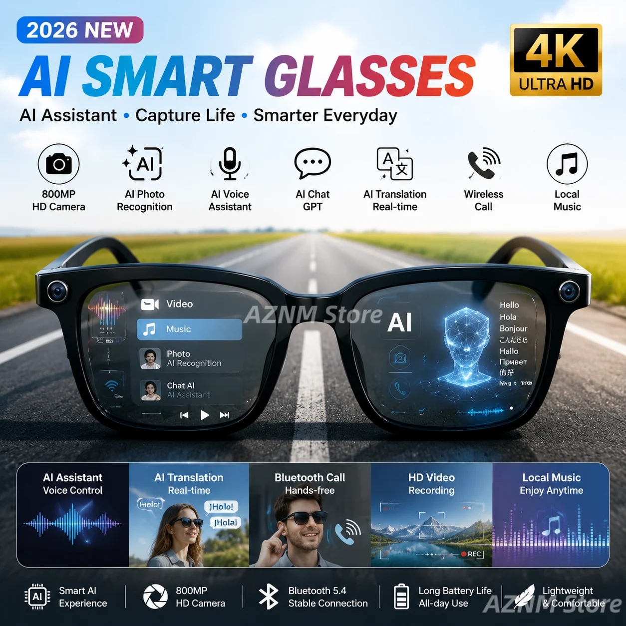 2026 KI-Smart-Brille mit 8MP HD-Kamera, kabellose Bluetooth-Anruf-Audio-Sonnenbrille, lokale Musik, KI-Frage-und-Antwort-Übersetzung, Brillen für Herren