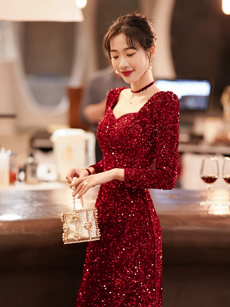 

Элегантное свадебное платье класса люкс с пайетками цвета красного вина, вечернее платье с эффектом дождевых капель, высококачественное, с ощущением роскоши.