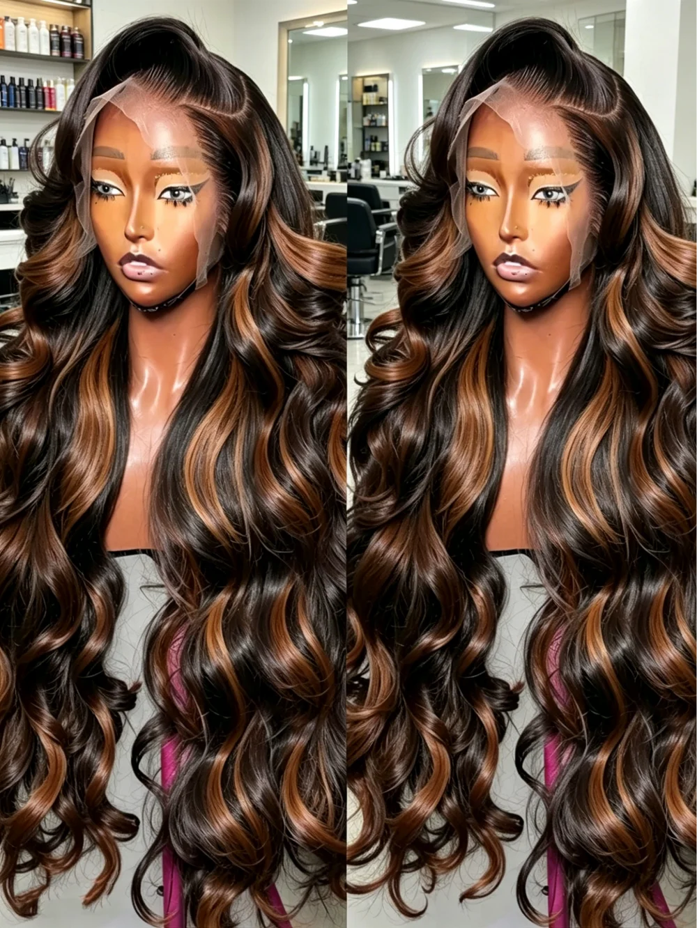 Peluca de cabello humano con encaje frontal 13x6, ondas corporales, color negro y marrón ombré, pre-plucked, 13x4, para mujer, con reflejos cobrizos 1B/30