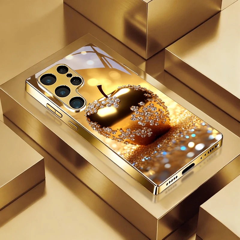 Sparkling Diamond Electroplated Golden Phone Case For Samsung Galaxy S25 S24 S26 S23 S22 S21 S20 Ultra Plus FE 26 5G Glass Cover