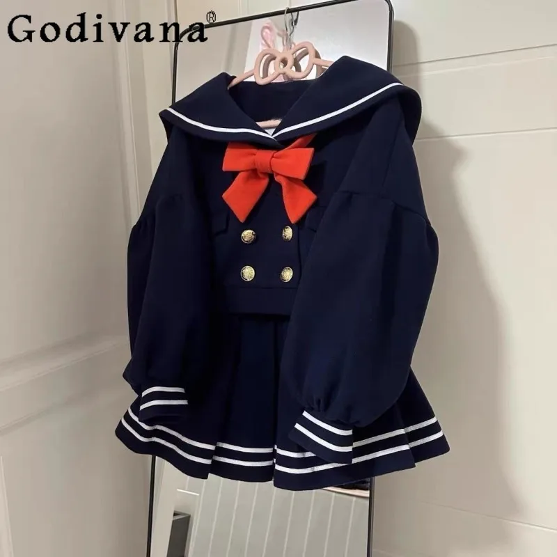 

College Style Sweet Bow Outfits Women Navy Collar Top Pleated Skirt Two Piece Set Autumn Winter Female Japanese Lolita Suit