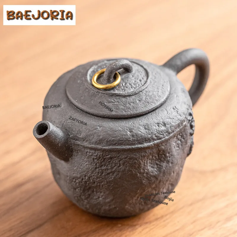 BAEJORIA 100ml Handmade Old Pottery Clay Teapot Boutique Black Gold Joyful Hand-grasp Pot Chinese Tea Maker Kettle Kung Fu Gift