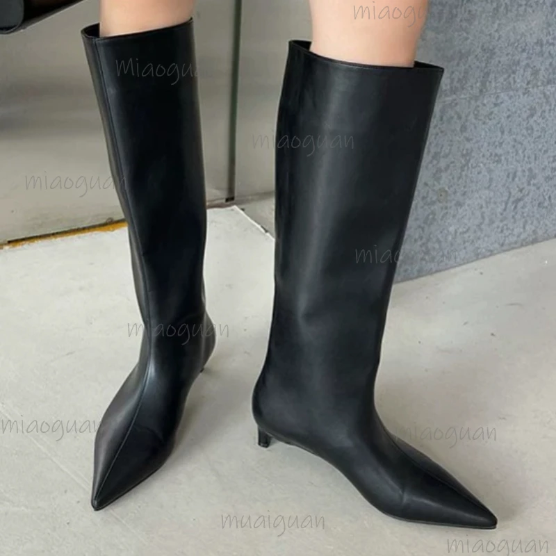 Fashion Cosy Pointed Toe Woman Knee-High Boots Slip-On Low Stiletto Heels Leather Ladies Waterproof Shoe Elegant Trend Footwears