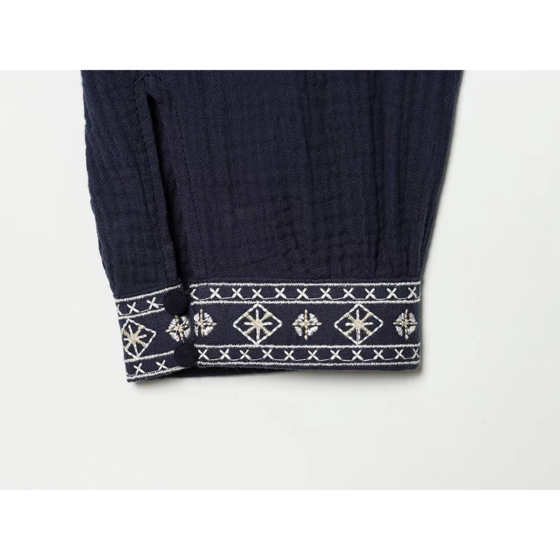YENKYE Vintage Boho Women Navy Blue Embroidery Blouse Ruffle Round Neck Long Sleeve Casual Top