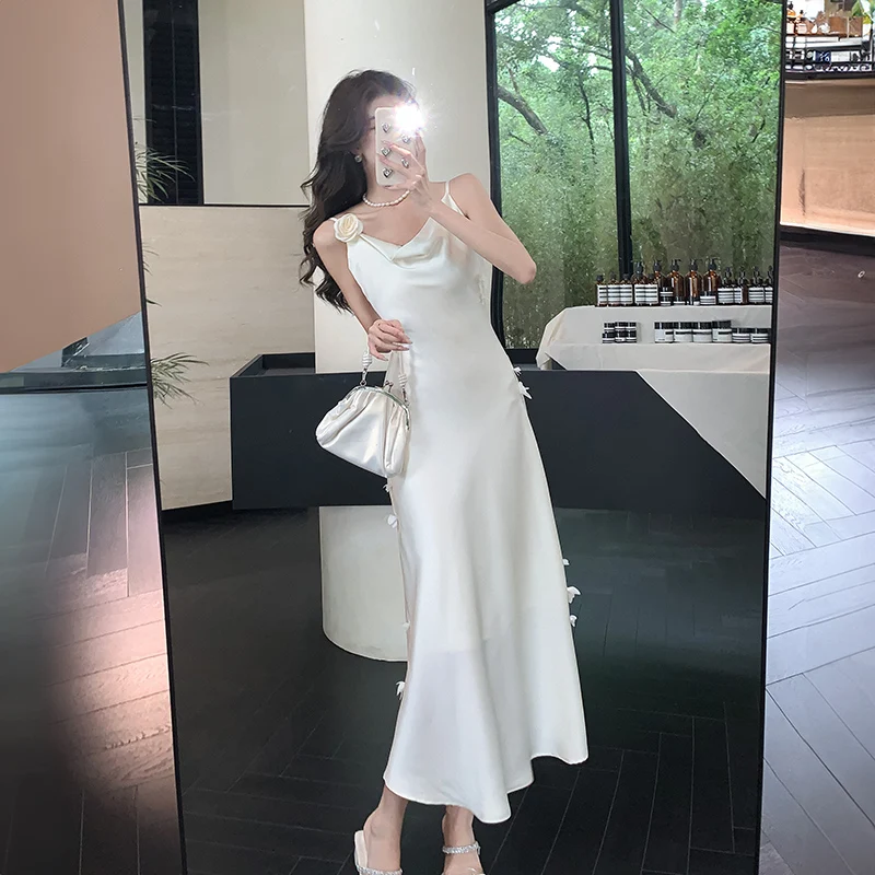 새틴 입체 꽃 스트랩 원피스 여성, 여름 엉덩이 포장, 인어 원피스 패션, 스위트 핫 걸