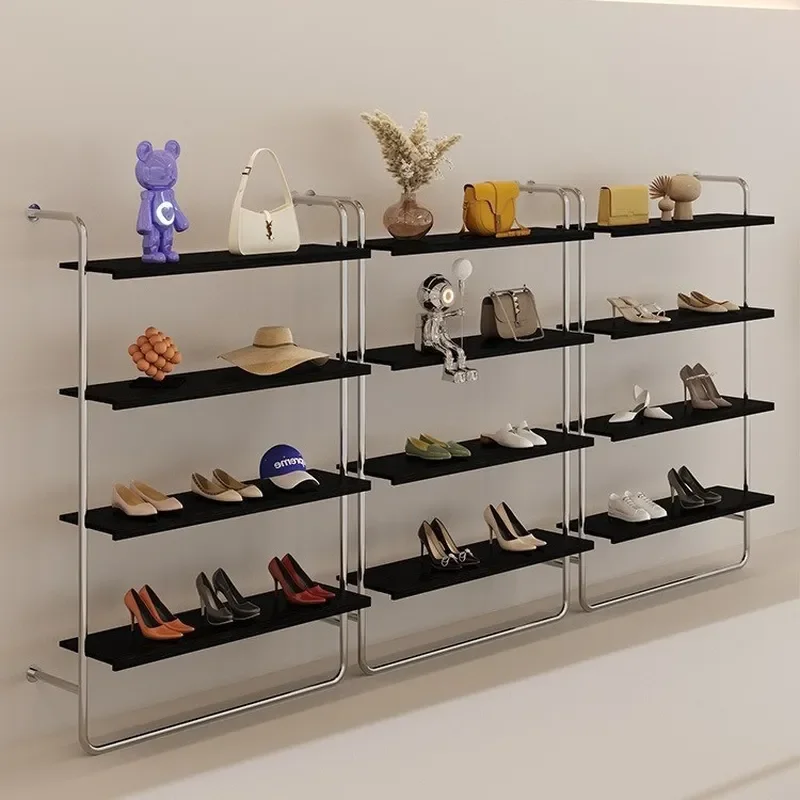 Stainless Steel Wall Mounted Shoe Display Rack Multi Layer Black Shelf for Shoes Bags Jewelry Store Showcase Organizer