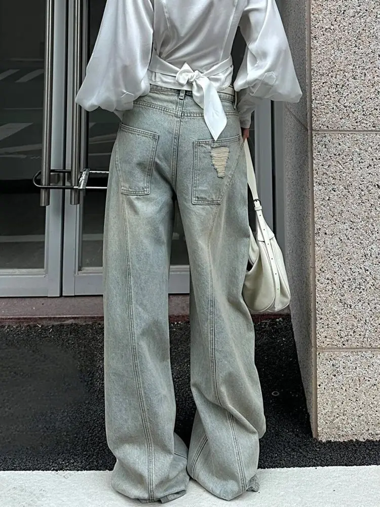 กางเกงยีนส์ทรงคอร์ริดอร์ขาดๆ สไตล์อเมริกันเรโทร ไซส์พลัส สำหรับผู้หญิง ทรงหลวมยาวกรอมเท้า ขากระบอกมน สำหรับสาวฮอต