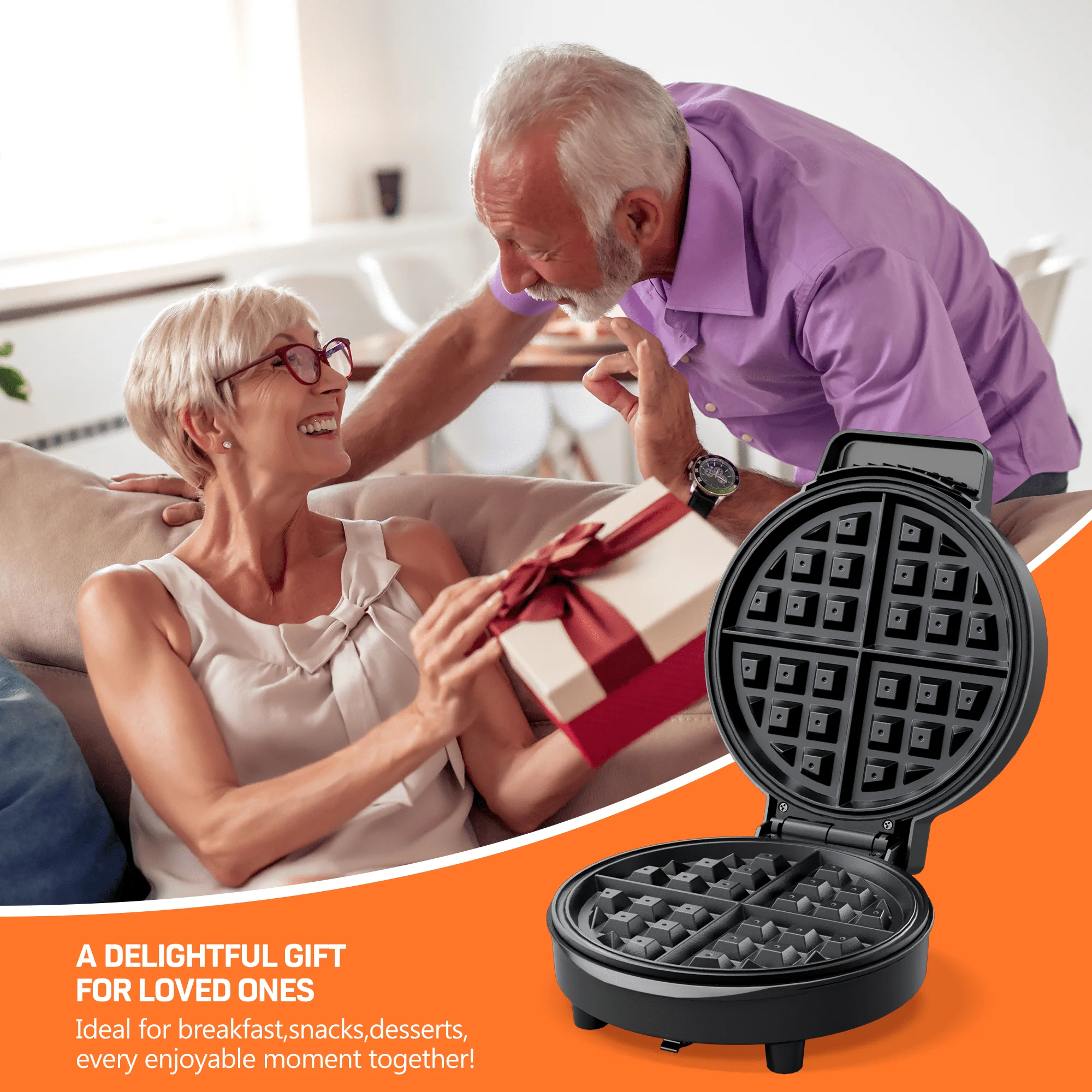 CACHOO Waffle Maker, 8'' 4-Slice, 1000W Powerful Fast Heating, Non-Stick Coating, Easy To Clean, Cool-Touch Handle, Indicator Lights, Perfect For Breakfast & Snacks,304 Stainless Steel