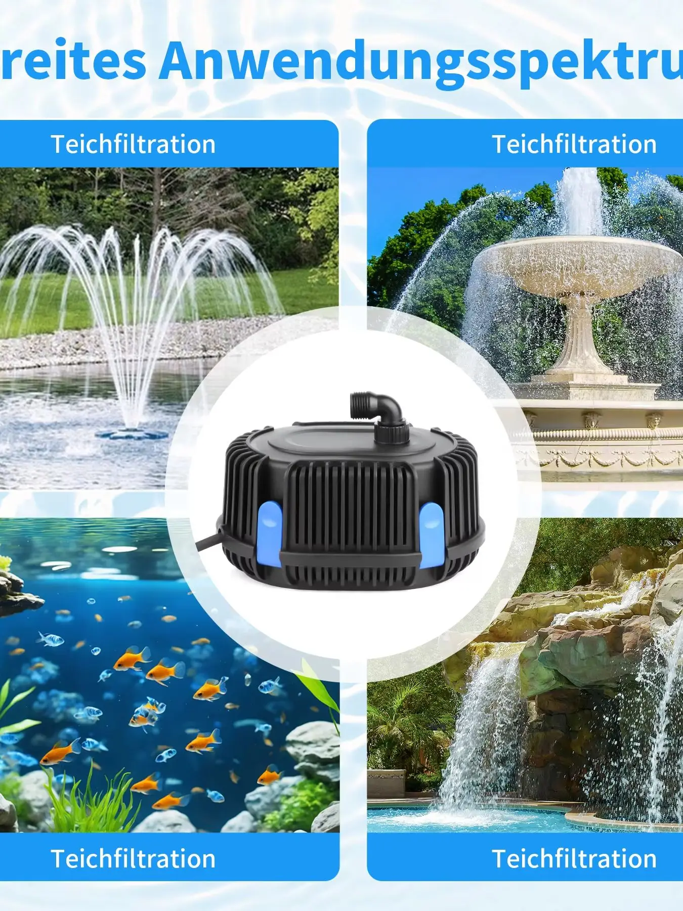 Forever Speed Springbrunnenpumpe außen 1000L/H Teichpumpe Wasserspielpumpe für Gärten, Teich, Brunnen 20W EU