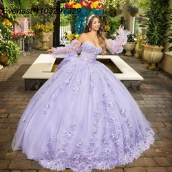 EVLAST Customized Lavender Quinceanera Dress Ball Gown Floral Applique Beading Glitter Corset Sweet 16 Vestido De 15 Anos TQD561