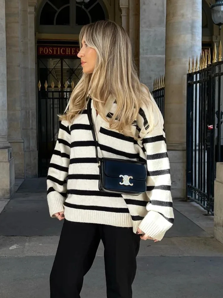 Foridol Knitted Striped Pullovers Women Casual Basic Winter Sweater Jumper Turn Down Collar Loose Vintage Sweater Sueter Mujer