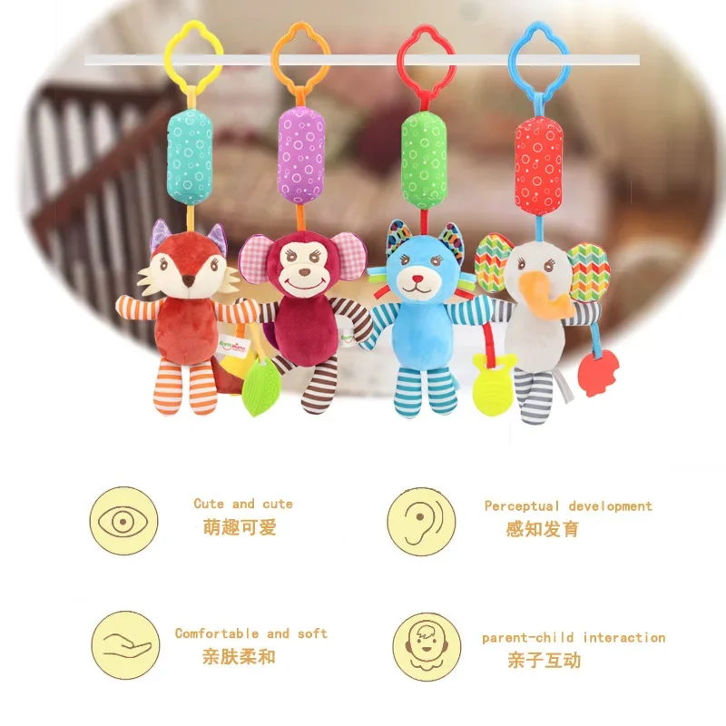 Baby Plush Toy Baby Stroller Bed Hanging Cartoon Animal Wind Chime Toy Newborn Soothing Doll Ringing Bell rattle Toddler Toys