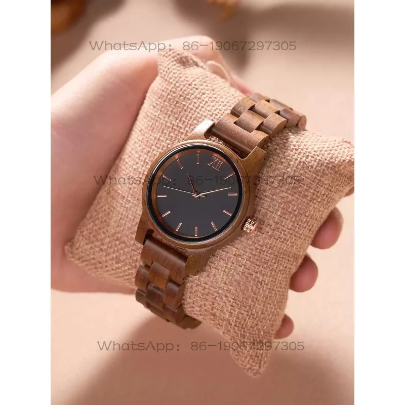 Vintage wooden watch for female students, simple walnut quartz wrist with a small dial