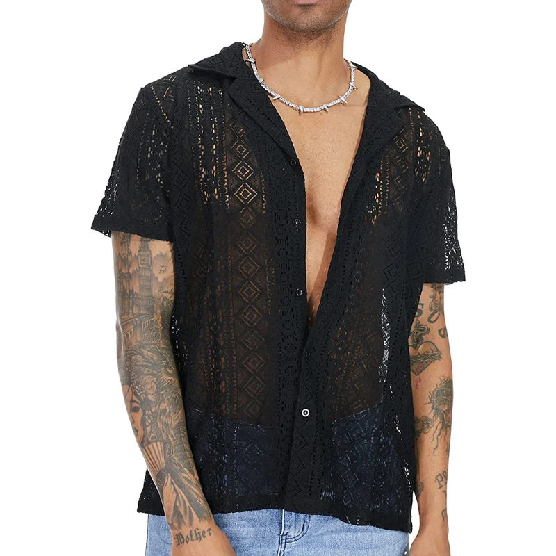 Men\'s Short-Sleeve Hollow-Out Lace Shirt Single Breasted Lapel Perspective Shirt Top