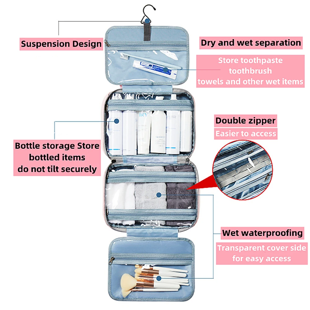 Large Capacity Four Layer Compartments Toiltery Bag Makeup Bags with Hanging Hook Waterproof Shampoo Toiletries Travel Organizer