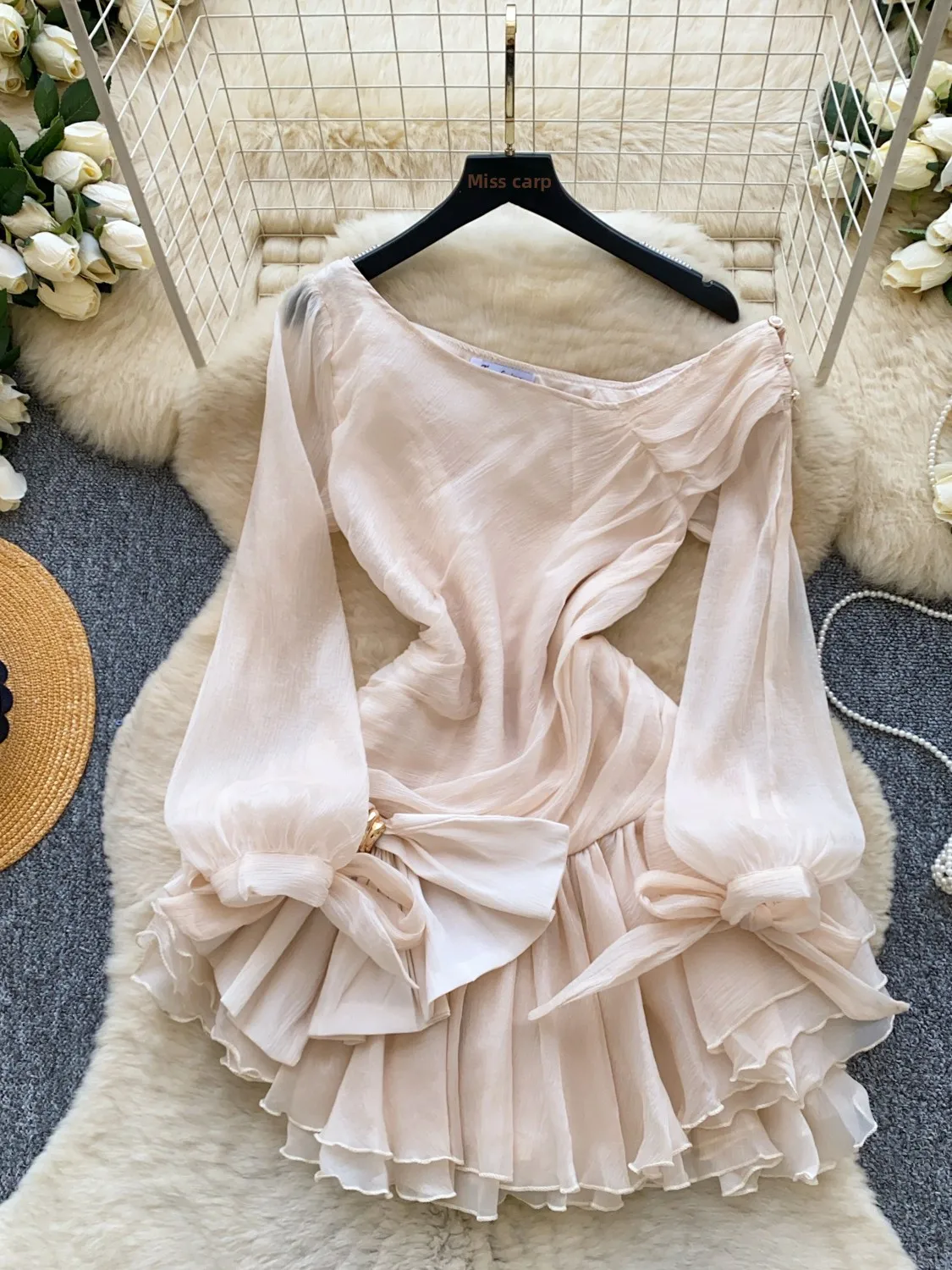 

Spring 2026 Korean Style Long Sleeve Ruffle Hem Dress Women's Fashion Casual Chic Knot Side Shoulder Design