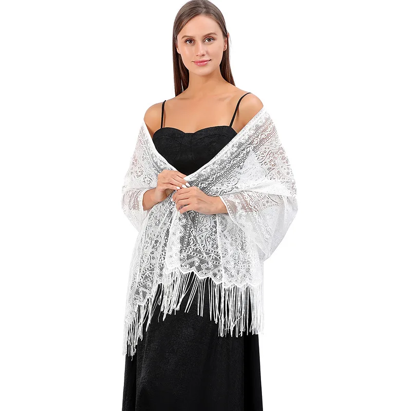 Lady Hollow Out Kanten Sjaal voor Party Vrouwen Zomer Bikini Sjaal Kwastje Effen Kleur Moslim Hoofddoek Vakantie Ademend Strand Wrap