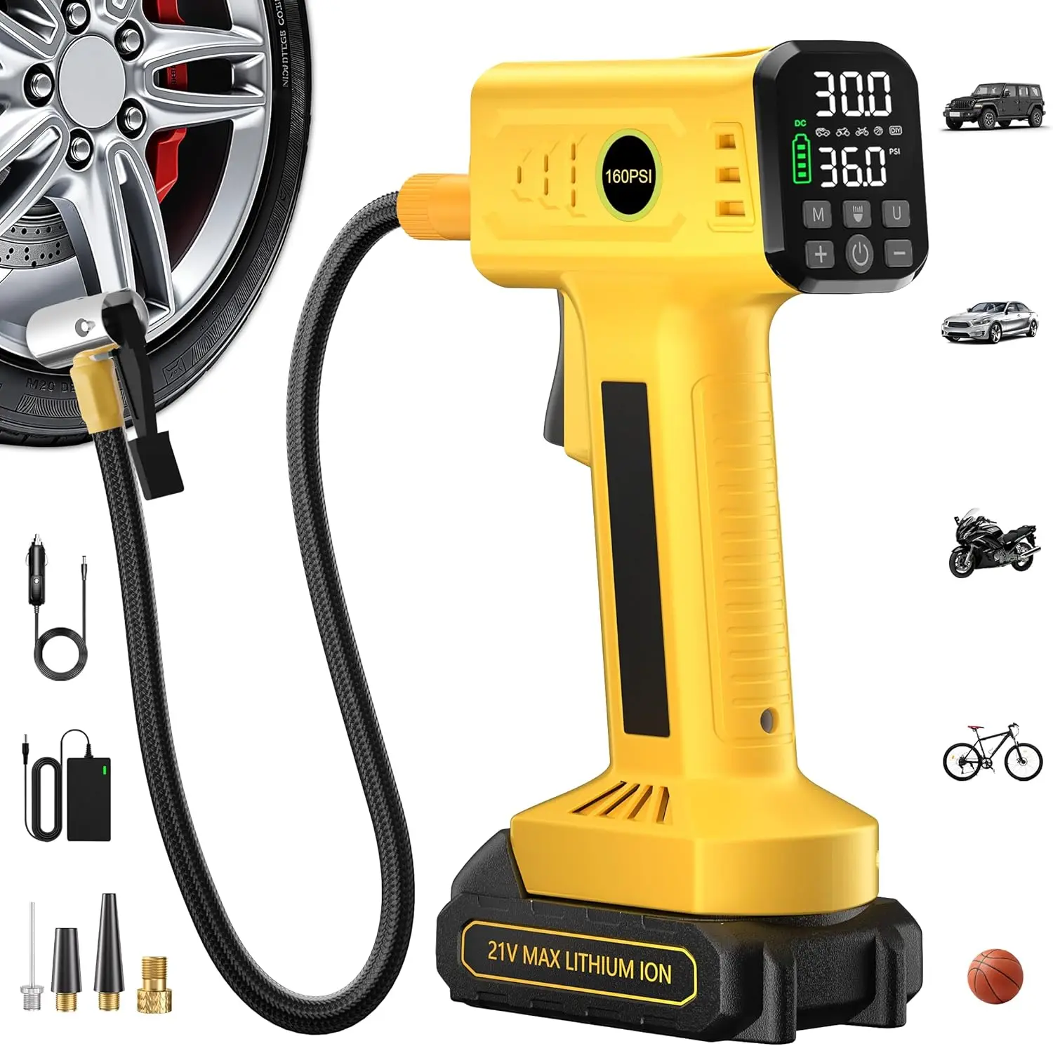 Portable Air Compressor Tire Inflator, 160 PSI Cordless Pump with 21V Rechargeable Battery & 12V Car Adapter, Fast Inflation Air Pump for Car Tires, SUV, Motorcycle, Bike, Ball