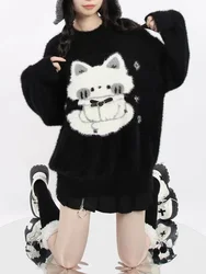 Y2k Harajuku maglioni Kawaii manica lunga cartone animato gatto Jacquard pullover stile Preppy maglia top Casual sciolto abbigliamento donna 2023