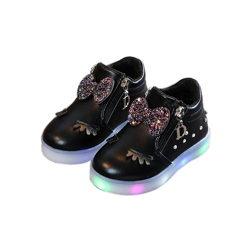 Children\'s Sneakers Girls Rhinestone Glowing Casual Shoes Fashion Soft Leather Comfort Kids Shoes Baby Led Lighted Sports Shoes