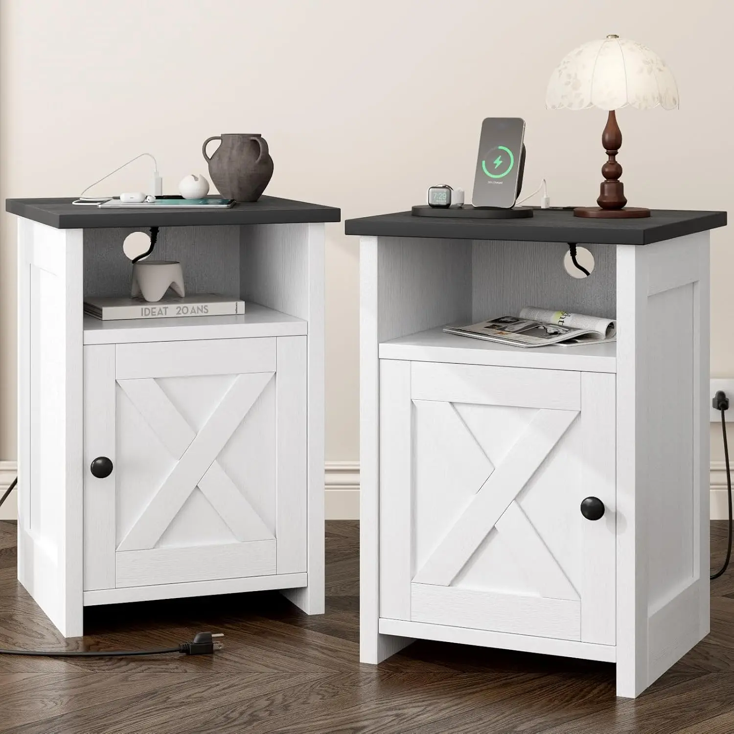 Farmhouse End Table Set of 2 w/Charging Station, Nightstands w/Barn Door&Storage Shelf, Rustic Bedside Table for Living Room, Be