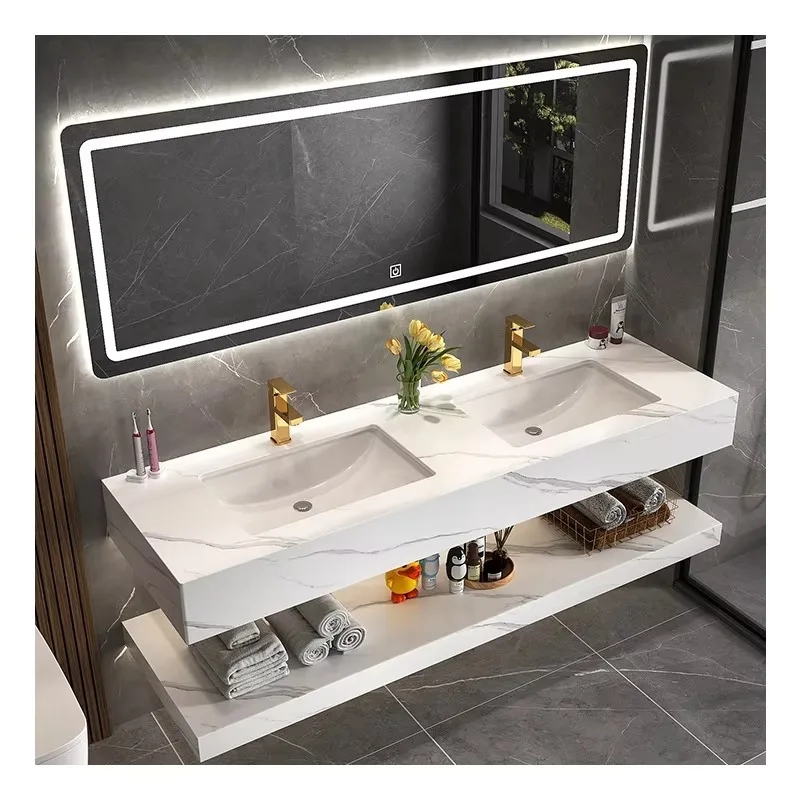 

Modern Double Bathroom Sink Sintered Cabinet Basin Wall Mount Marble Floating Vanity Sink