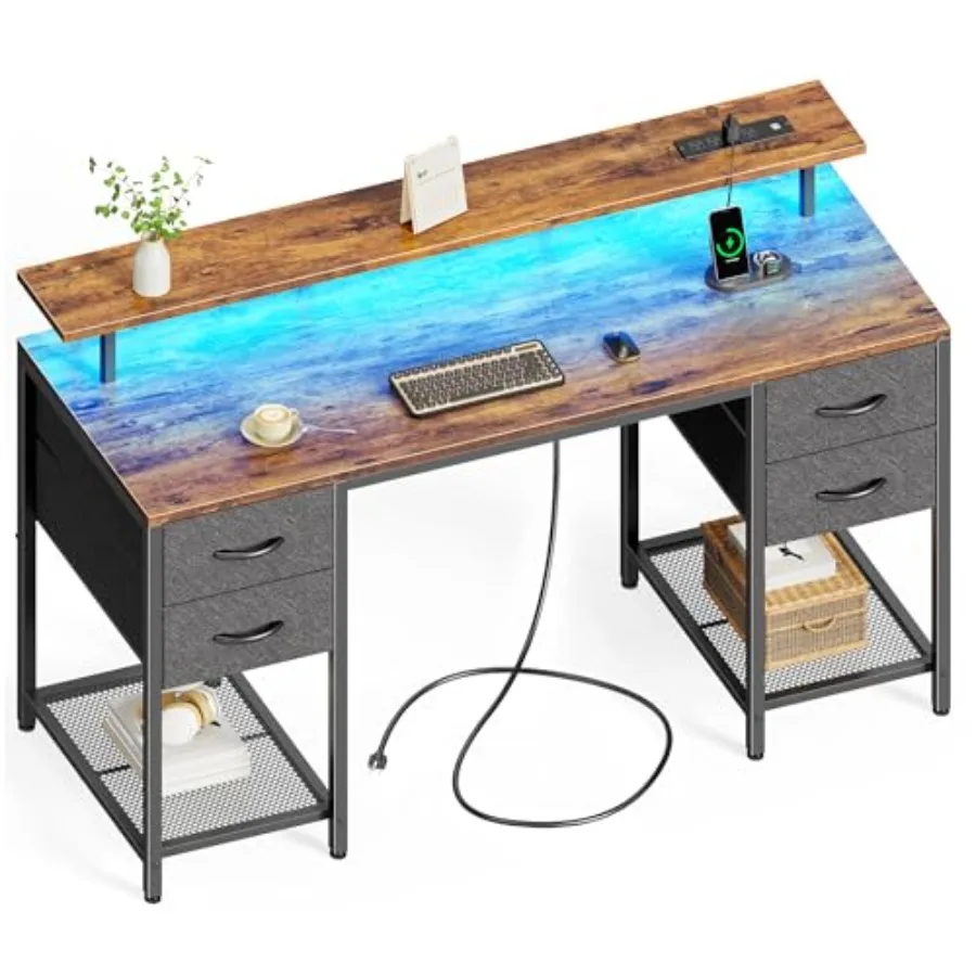 Computer Desk with Power Outlets 4 Drawers for Home Office, Engineered Wood, White, Space-Saving and Cable Management Design