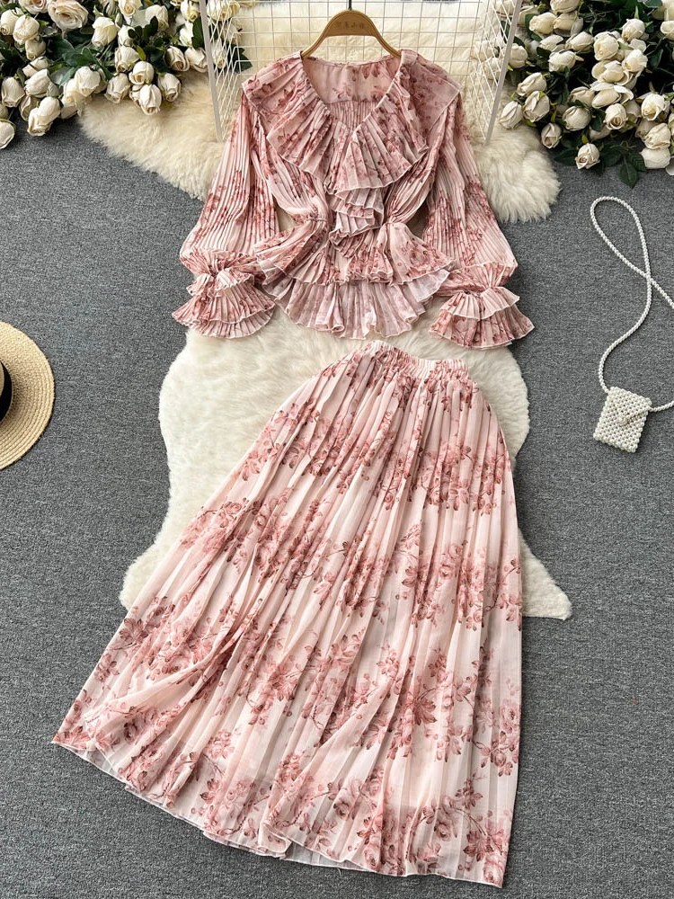 Frühling Herbst Chiffon fragmentierte Anzüge Sommer Rüschen Rand V-Ausschnitt Vintage Top 100 Falten halben Rock zweiteilige Sets Vestidos